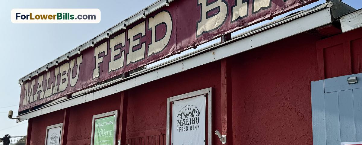 Hand-painted shop sign and posters on a red storefront in California
