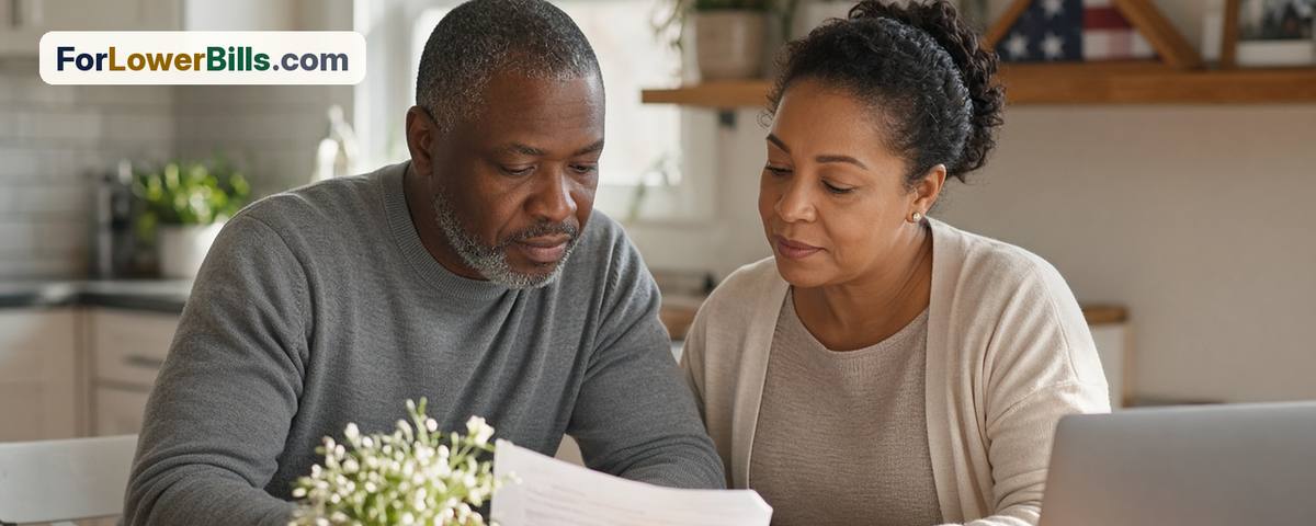 Veteran and his wife reviewing benefits paperwork together at their kitchen table